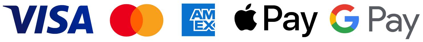 Visa, Mastercard, Amex, Apple Pay, Google Pay