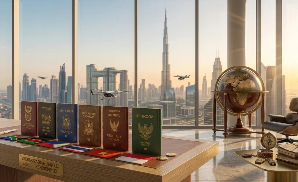 Six passports arranged side by side representing the new UAE visa-on-arrival eligible nationalities announced in June 2026